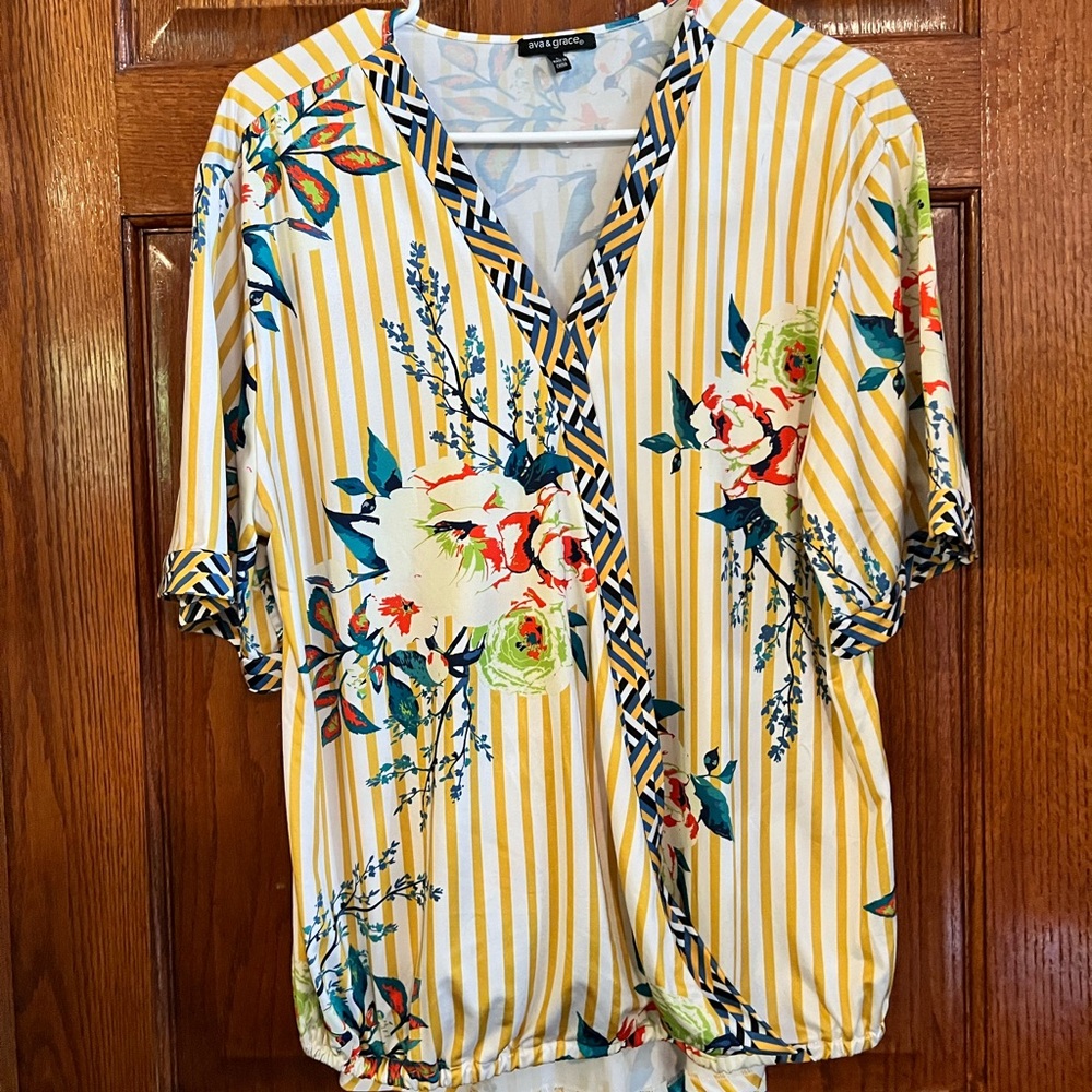 Ava & Grace Large Floral & Striped Wrap Blouse Elastic Hem in front